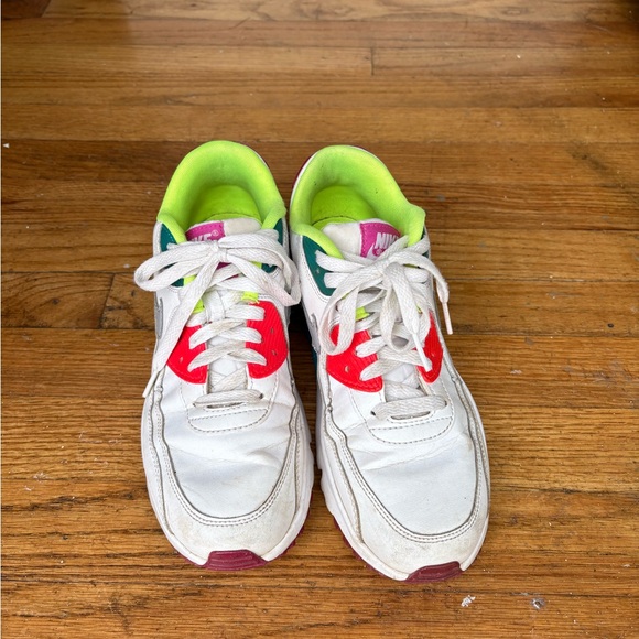 Nike White Sneakers with Neon Lime, Red, Teal & Magenta Accents - Picture 2 of 5